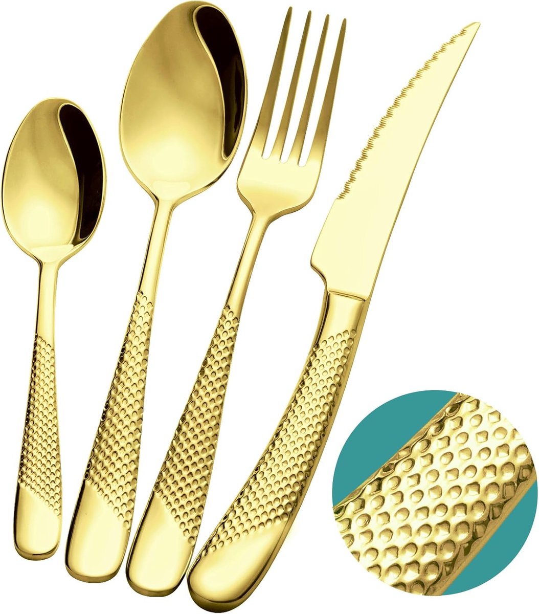 SnelShoppen - 24-delige Modern Champagne Goud-Hammered Bestek Set voor 6 Personen - Ultra-Scherpe 2-in-1 Getande Messen, 18/10 RVS Bestek voor Feest,