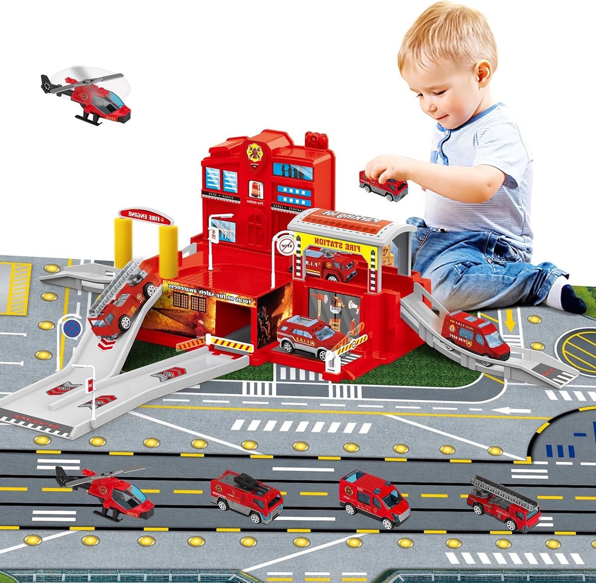 Stad Brandweerkazerne met Brandweerauto, Helikopter en Kantoor - Constructiespeelgoed Set voor Kinderen van 4 tot 7 Jaar met Speelkaarten, Educatief en Creatief Speelgoed