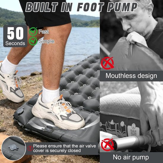 SnelShoppen - Zelfopblaasbaar Campingmatras, Ultralicht Luchtbed Met Kussen, Draagbaar Zelfopblaasbaar Campingmatras Voor Hiking, Buiten Trekking (Gri — afbeelding 2