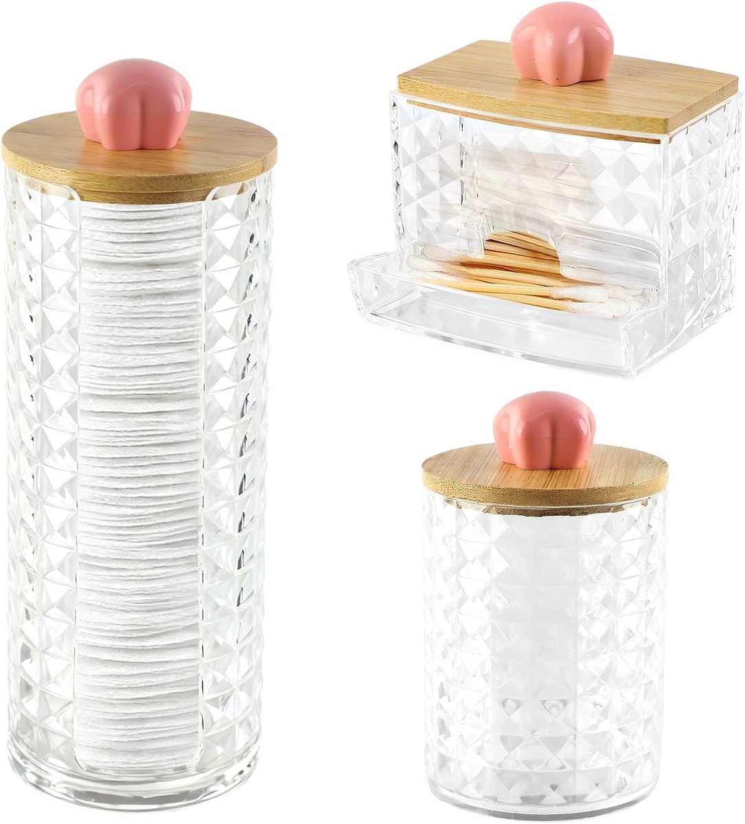 SnelShoppen - Pack van 3 Katoenen Padhouders, Make-up Organizer met Houten Deksel, Badkamer Organizer, Stof- en Vochtbestendig, Roze voor Slaapkamer e