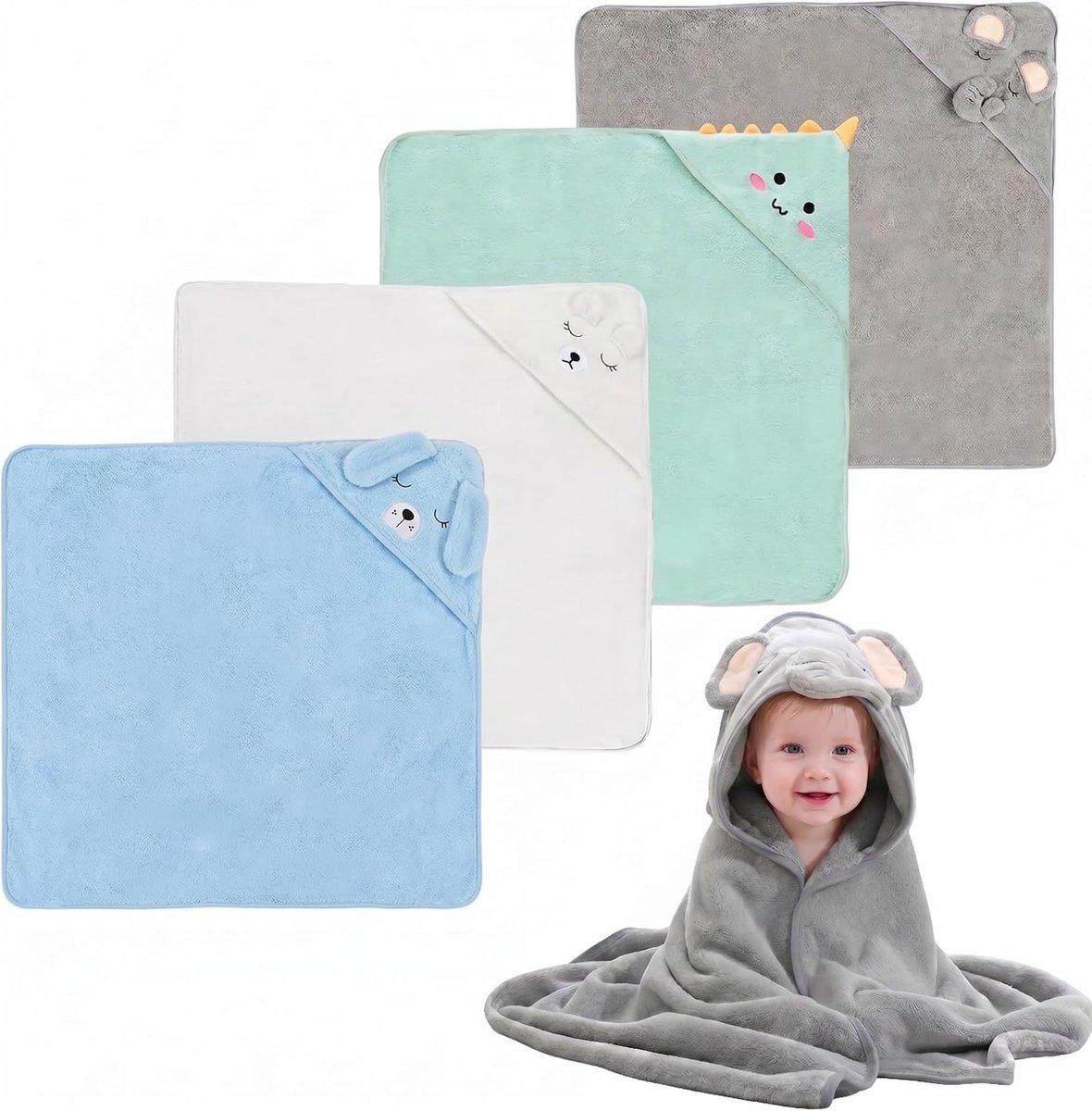 SnelShoppen - Schattige Kinderbadjas en Strandlaken met Diermotieven (Olifant, Dinosaurus, Hond) 80x80 cm - Multifunctionele Babybadcape en Toilettas