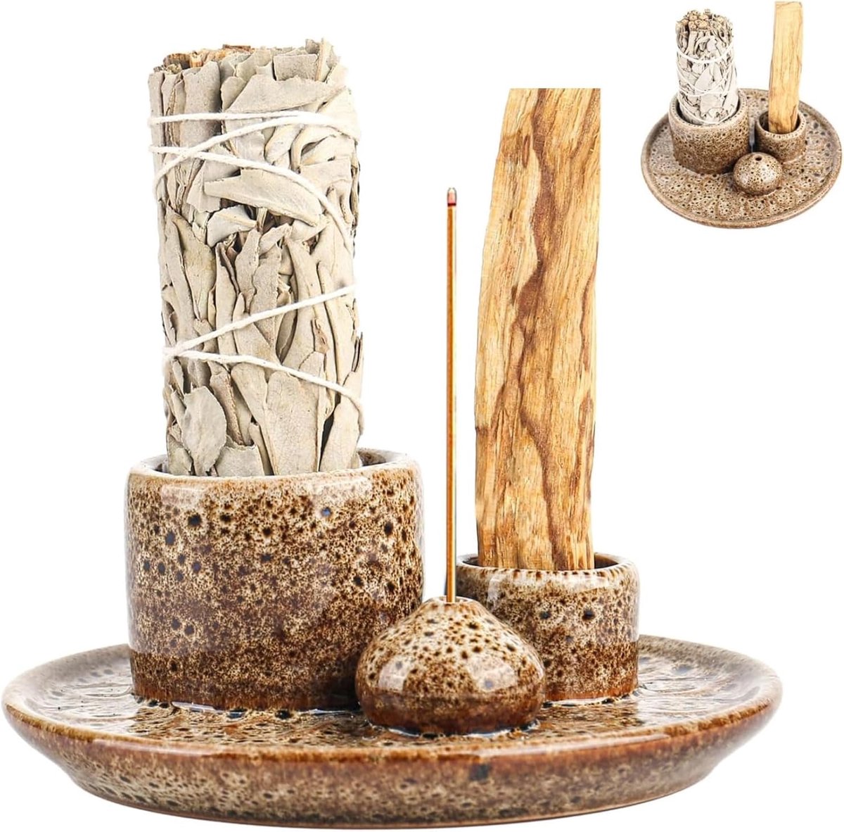 SnelShoppen - Palo Santo Incense Bowl, 4-in-1 Incense Burner Holder, Handmade Ceramic, Geschikt voor Palo Santo Sticks, Witte Salie, Incense Cone, Per