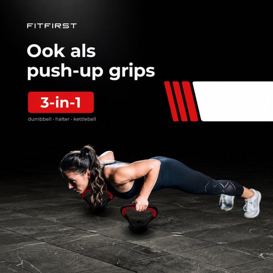 Vrouw met zwarte halterset in push-up houding, rode handgrepen.