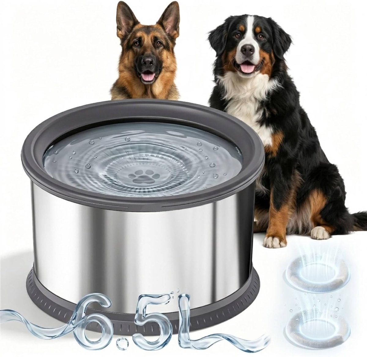 Thijox - Waterbak voor Honden 6,5L - Roestvrij Staal - Lekvrije Drinkbak met Drijvende Schijf en Filter - Anti-Kwijlen Ronde Waterdispenser voor Midde