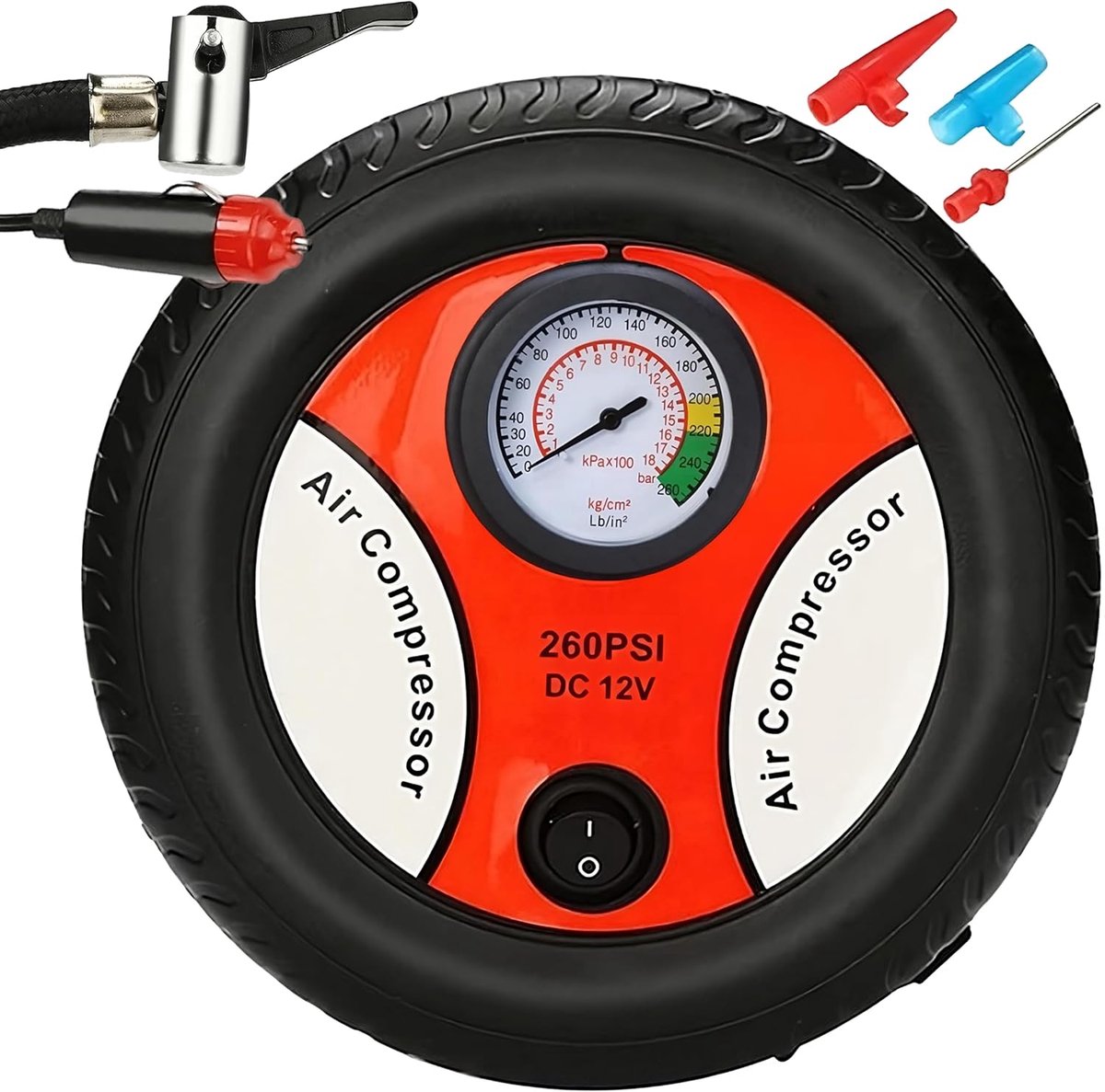 SnelShoppen - 12V Auto Luchtcompressor Draagbare 260 PSI Elektrische Luchtpomp Voor Auto, Fiets, Motor, Caravan, 60W, Compact 17x17x7cm