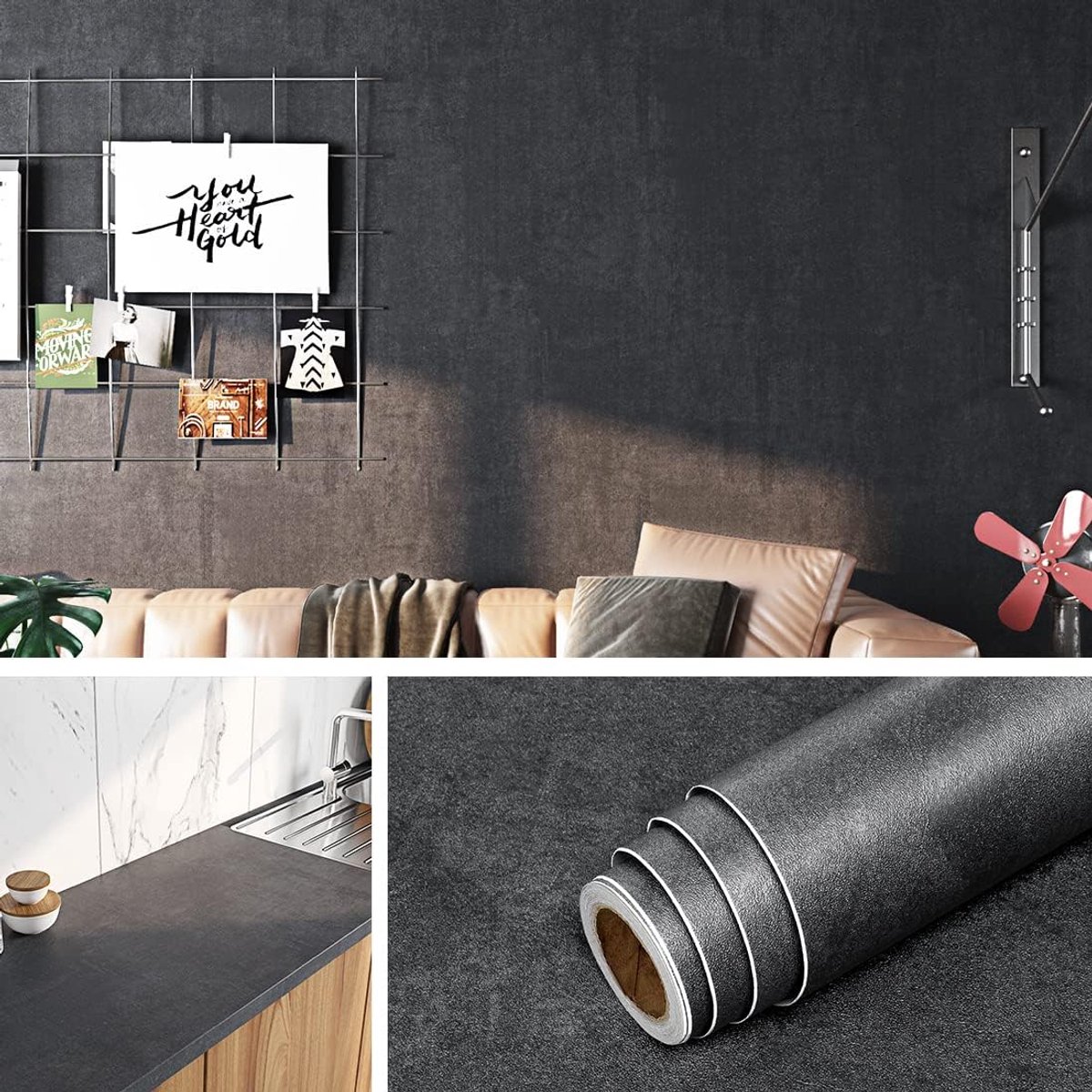 SnelShoppen - Zelfklevend Vintage Behang Anthraciet Zwart 40CMx5M - Waterdichte PVC Folie voor Meubels, Keuken, Tafel en Kast