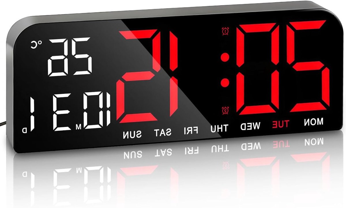 Digitale Wandklok 10 Inch met Temperatuur, Countdown en 4 Helderheidsniveaus, Grote Alarmklok voor Slaapkamer, Woonkamer en Kantoor