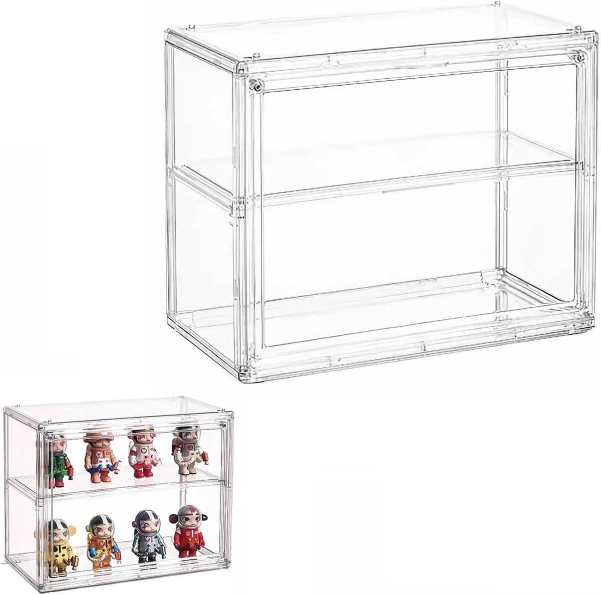 Acryl tentoonstellingsdisplay met deur, plexiglas, voor figuren en ladder 1 stap, stofdicht (27 × 22 × 13 cm)