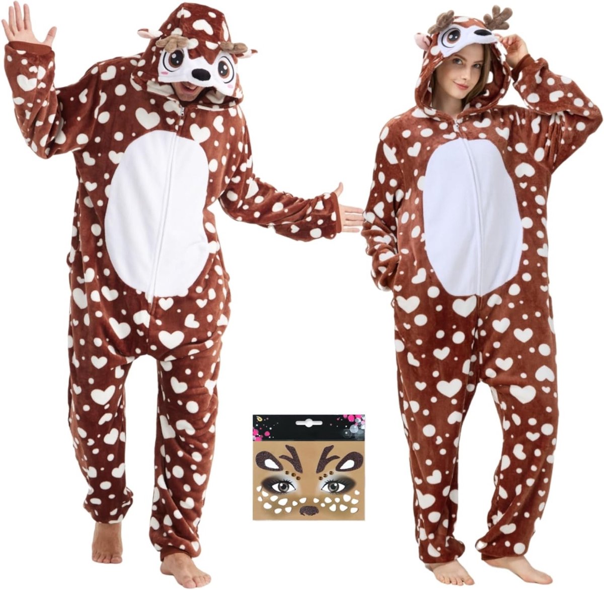 Unisex dieren kostuum jumpsuit met capuchon voor volwassenen - Reindeer pyjama voor Halloween en Kerstfeest