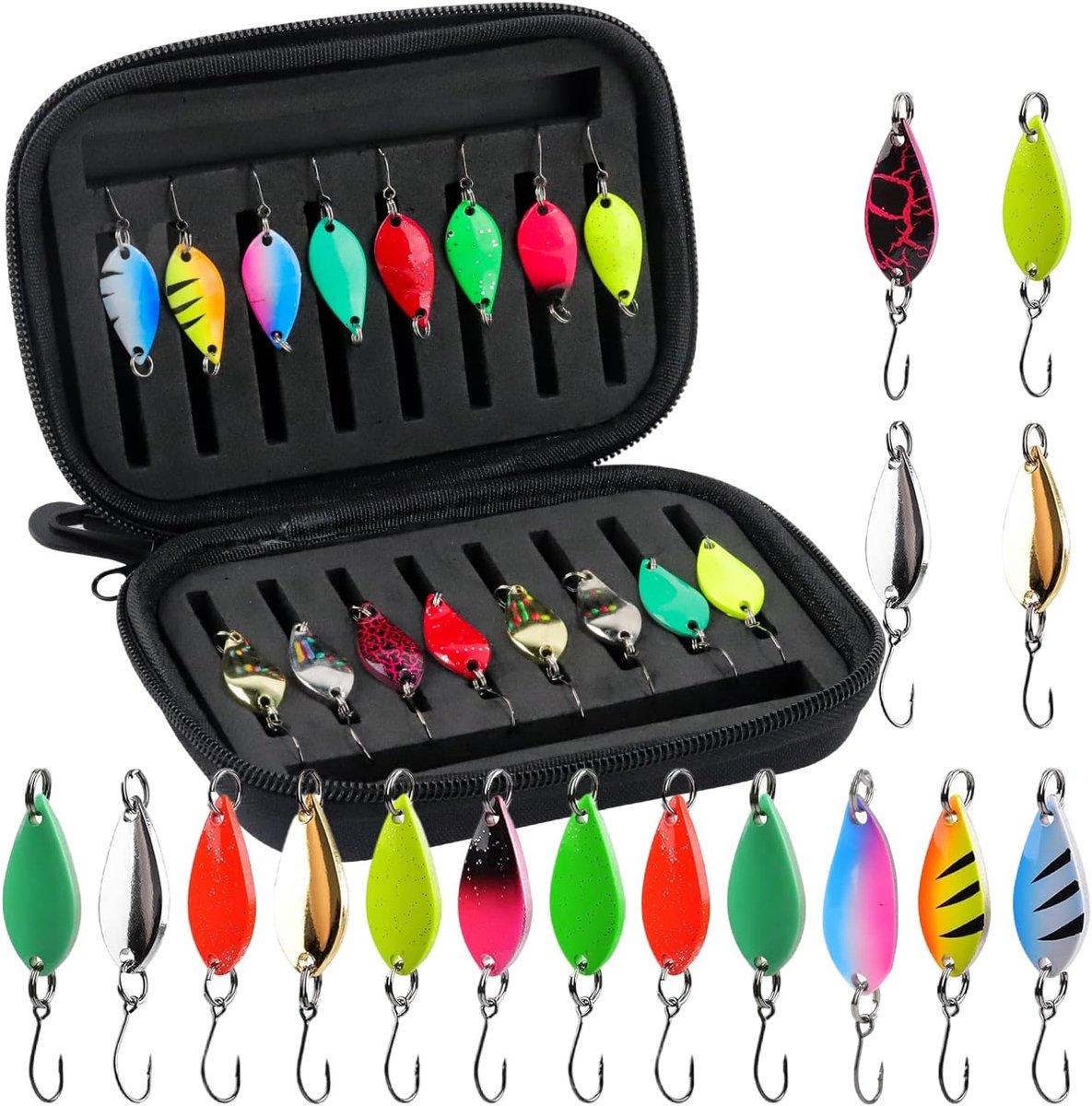 SnelShoppen - 16pcs Trout Spoon Set Lures, Multicolor Vistuig voor Forel, Snoek, Zander & Baars, 2.5g/3.5g/5g, Visspullen met Opbergdoos