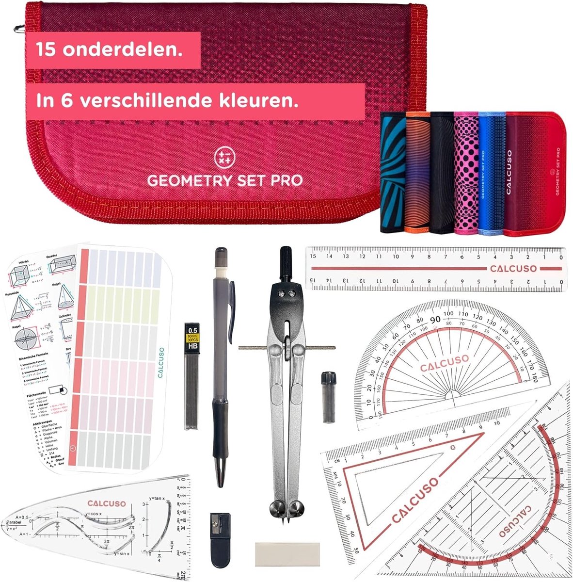 SnelShoppen - Geometrieset met Kompas en Driehoek in Rood Etui - Perfect voor School, Universiteit, Kantoor en Tekenwerk - Compleet met Liniaal, Mecha