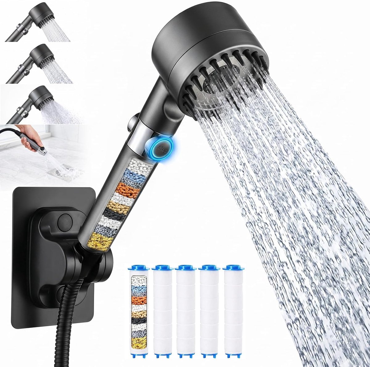 SnelShoppen - Handdouche met Filter, Hoge Druk Douchekop met Slang, 4 Jet Modi en Stopfunctie voor Hard Water, Chloor, Bacteriën en Zware Metalen