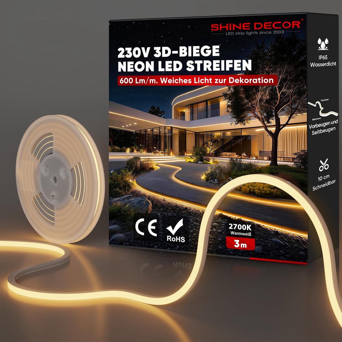 SnelShoppen - 3D Bend Neon LEDstrip 3 meter Warmwit - Flexibele Neon Lichtstrip - IP65 Waterdicht Siliconen - AC 220V-240V - Perfect voor Keuken, Woon