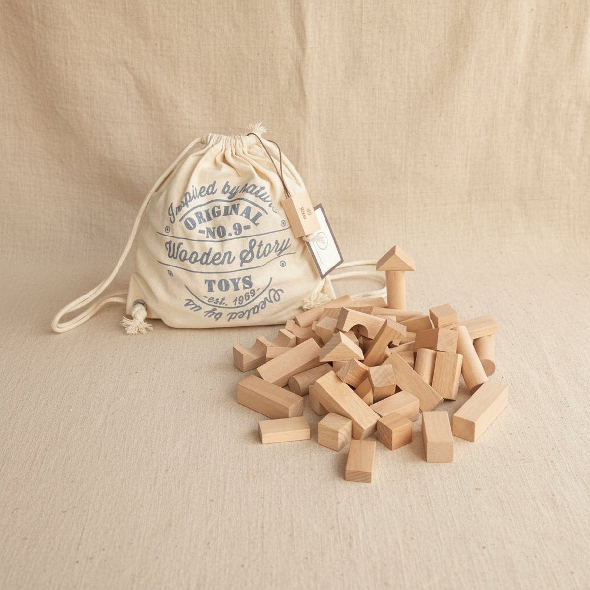 Houten blokken in een zak – naturel, 100 stuks