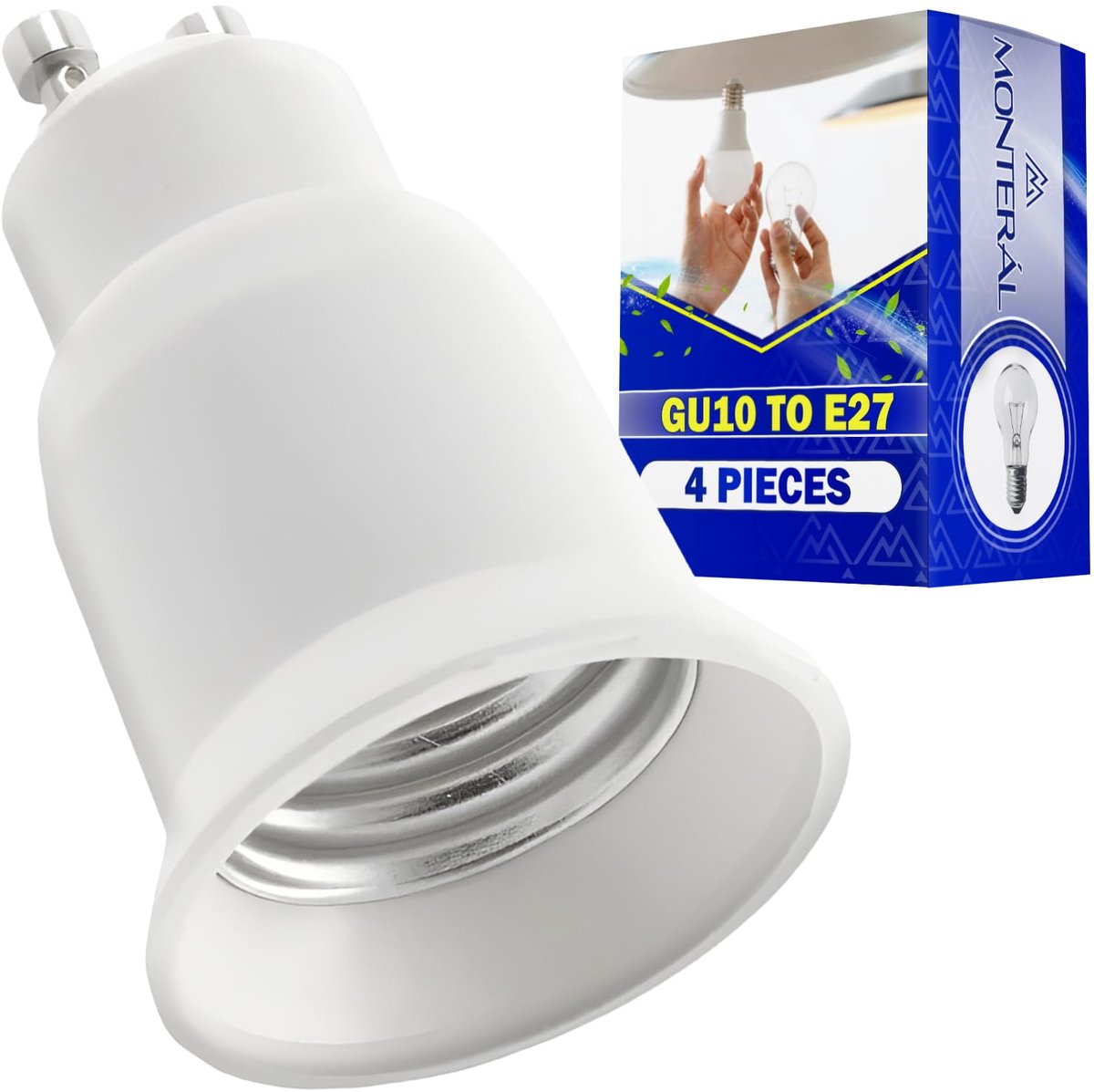 SnelShoppen - Pack van 4 GU10 naar E27 lamp adapters voor het vervangen van lampen, 220-240 V, max 50 W, IP20, perfect voor thuis, kantoor, en meer