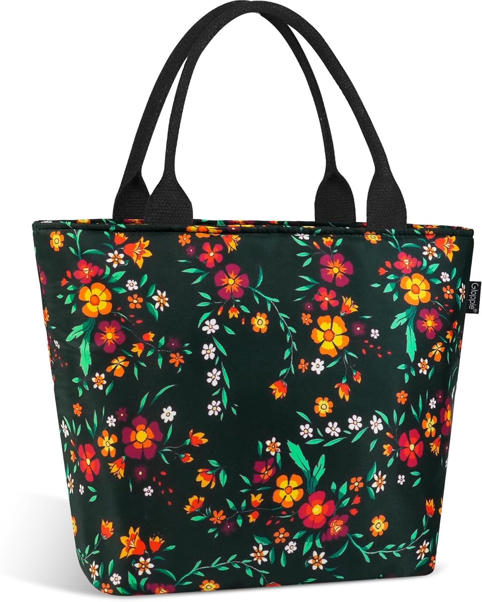 SnelShoppen - Grote 9L Vrouwen Koeltas, Waterdicht en Geïsoleerd, Ideaal voor Lunch, Picknick en Dagjes Uit, Bloemdecor en Zwart, Perfect voor Camping