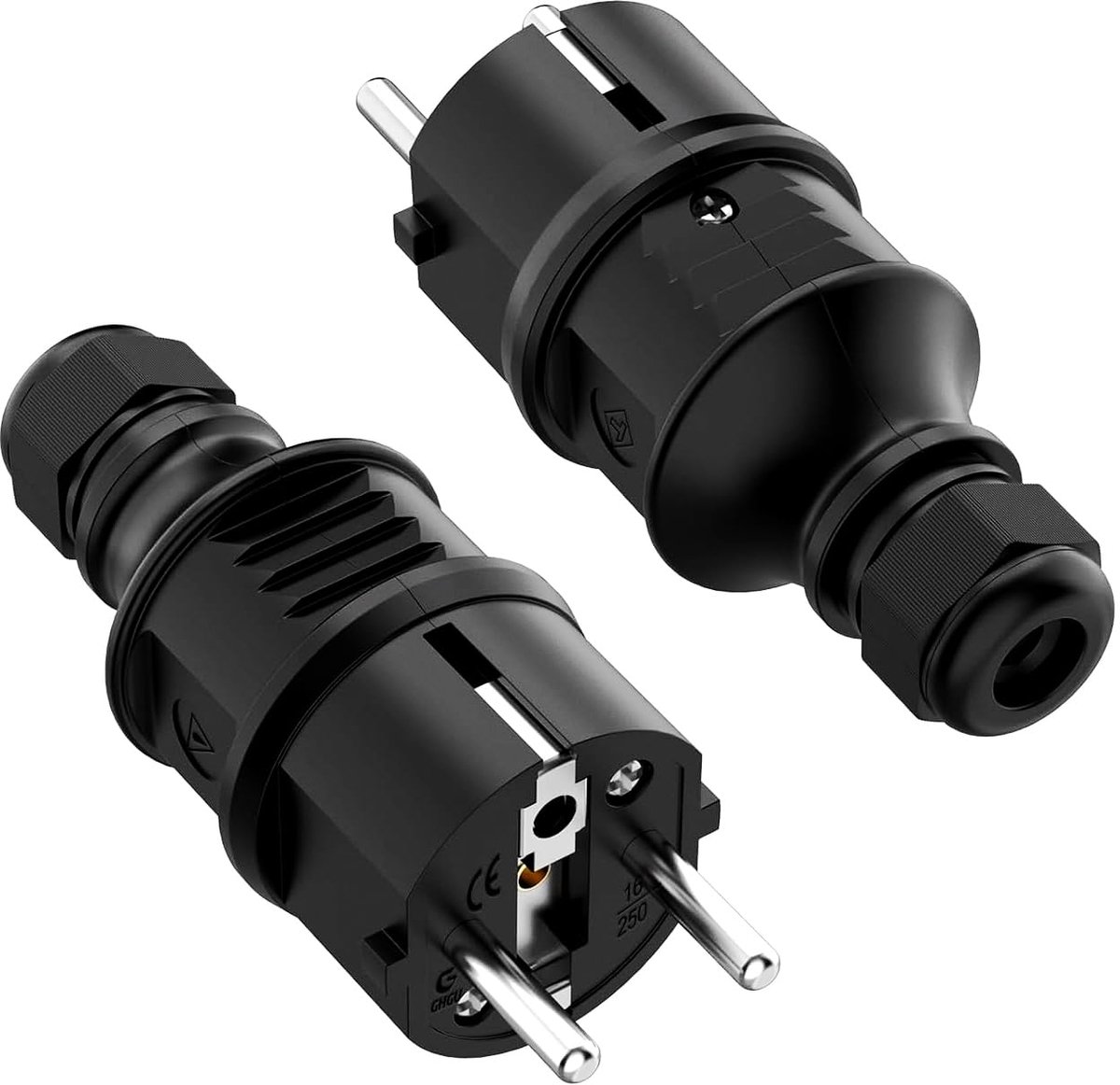 SnelShoppen - Schuko Grounded Plug 2 Stuks - Rubber 250V 16A met Articulated Protection voor Binnen en Buiten, Zwart