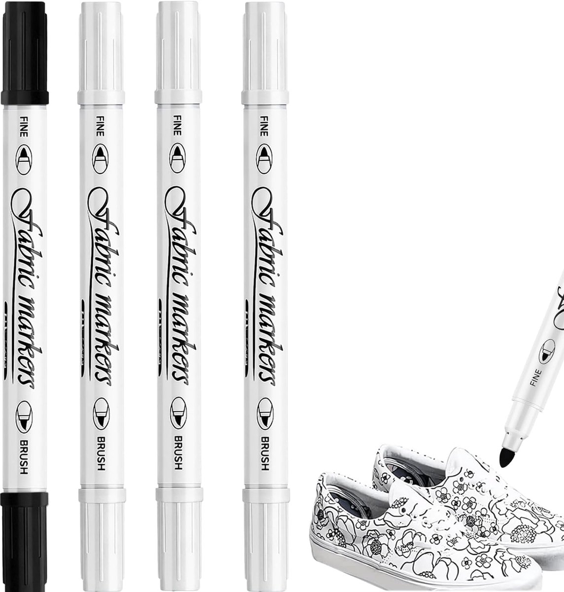 SnelShoppen - 4 Stuks Textielstiften Set - Machine Wasbare Dubbelpunt Markers - Creatieve Kleding Decoratie - Wit en Zwart - Voor T-Shirts, Schoenen,