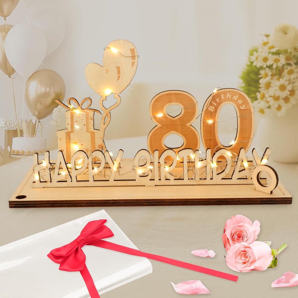 SnelShoppen - Houten Gastenboek voor 80ste Verjaardag met LED Lichten, Strik en Verpakking - Perfect Cadeau voor Mannen en Vrouwen - Geld Geschenk voo