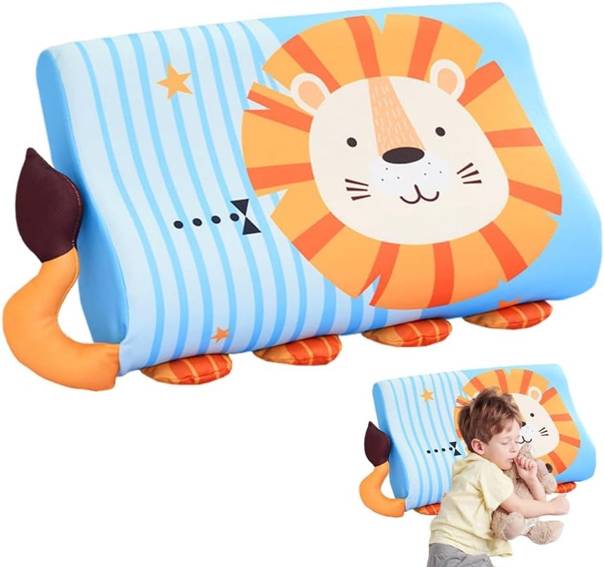 Ergonomisch Kinderkussen met Memory Foam, 45 x 27 cm, Geschikt voor Kinderen van 2-3 Jaar, Leeuw Ontwerp, Comfortabel en Ondersteunend Kussen voor Kinderen