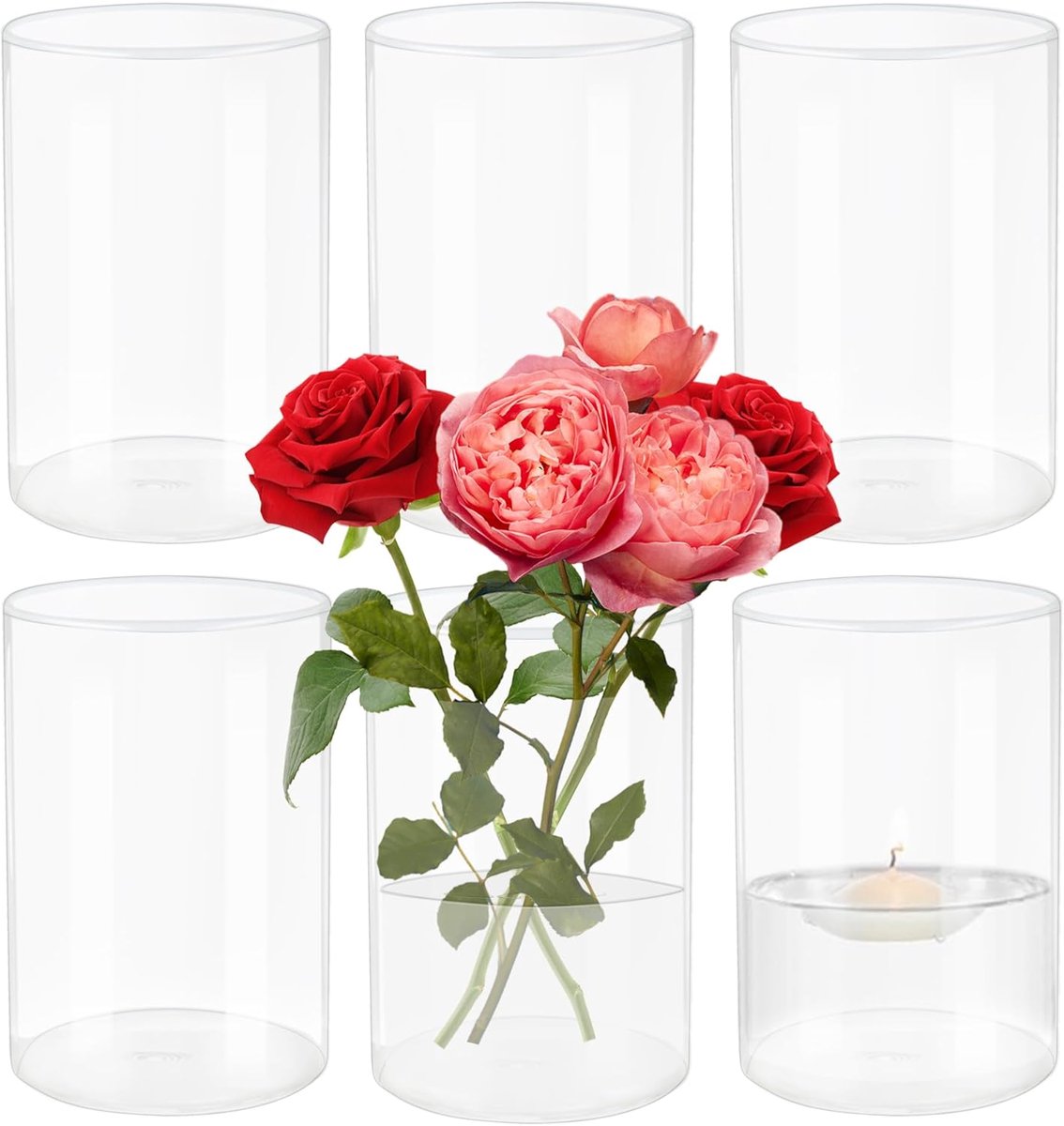 SnelShoppen - 6 Stuks 8.5x15cm Glazen Cilinder Vazen, Duidelijke Glazen Bloemenvazen, Tafeldecoratie voor Bloemen, Groen, Hoogwaardig Borosilicaatglas