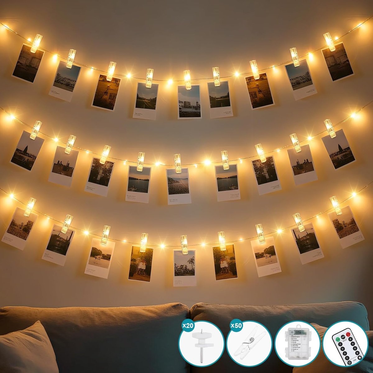 SnelShoppen - Litogo LED Foto Clips Fairy Lights 10 m 100 LEDs met Afstandsbediening 8 Modes voor Kamerdecoratie, Feest, Kerst, Woonkamer, Inclusief C
