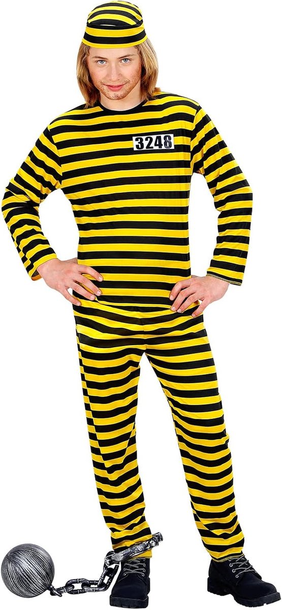 SnelShoppen - Kinder gevangenis kostuum 164 cm - Carnaval kostuum voor jongens - Compleet met top, broek en hoed - Perfect voor verkleedfeestjes