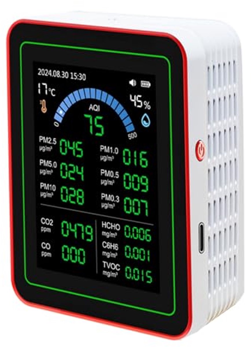 SnelShoppen - Air Quality Meter - CO2, TVOC, HCHO, PM2.5, PM10 - Indoor Temperatuur en Vochtigheid Tester - 2000mAh Batterij - 2.8" HD Scherm - Type C