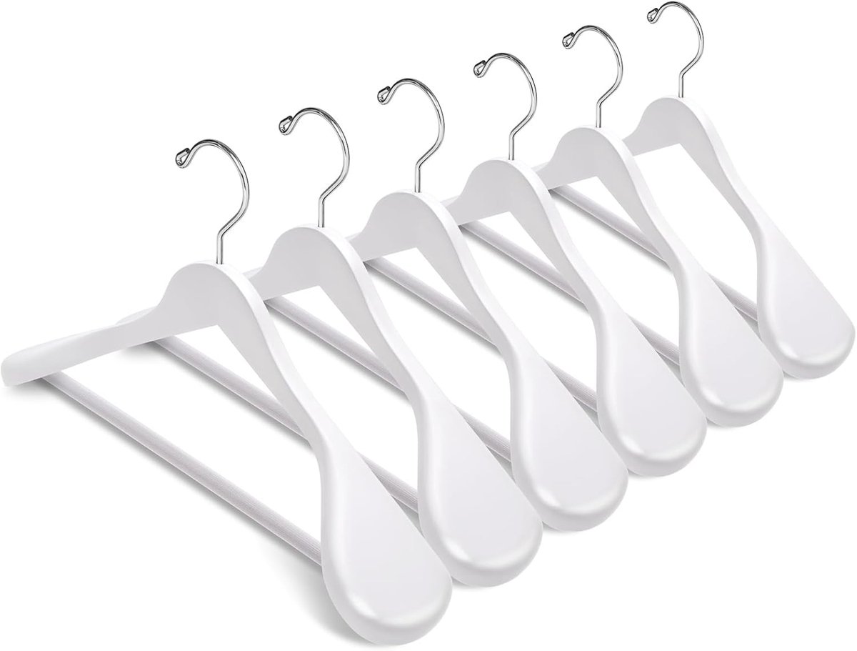 SnelShoppen - Set van 10 Luxe Kledinghangers van Hout, Wit, 44.5 cm, Brede Schouders (5.8 cm), Antislip Stang voor Jas, Kostuum, Kledingkast