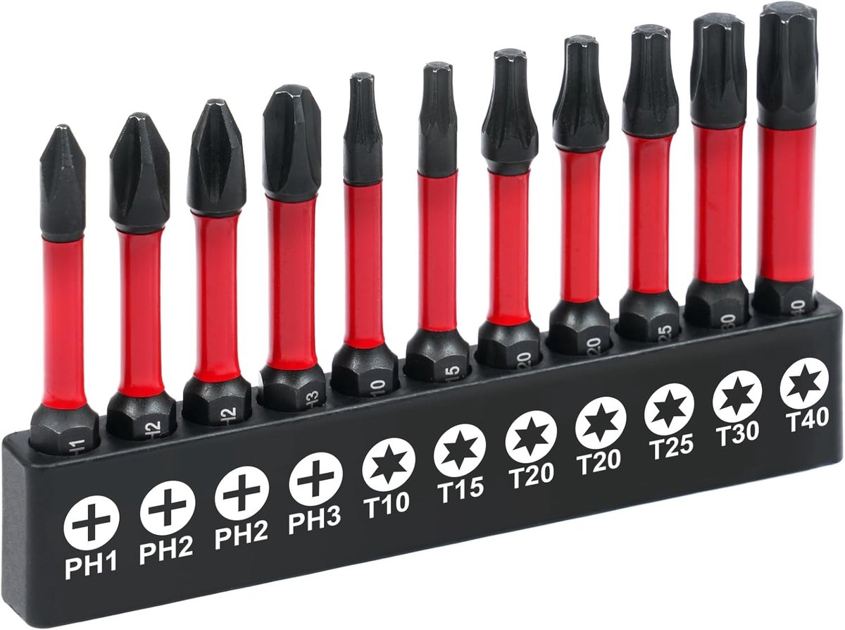 SnelShoppen - 11-delige Torx schroevendraaier bits set, magnetisch beveiligd, S2 staal, Phillips Pozidriv bits, tamper-proof Torx bits T10 T15 T20 T25