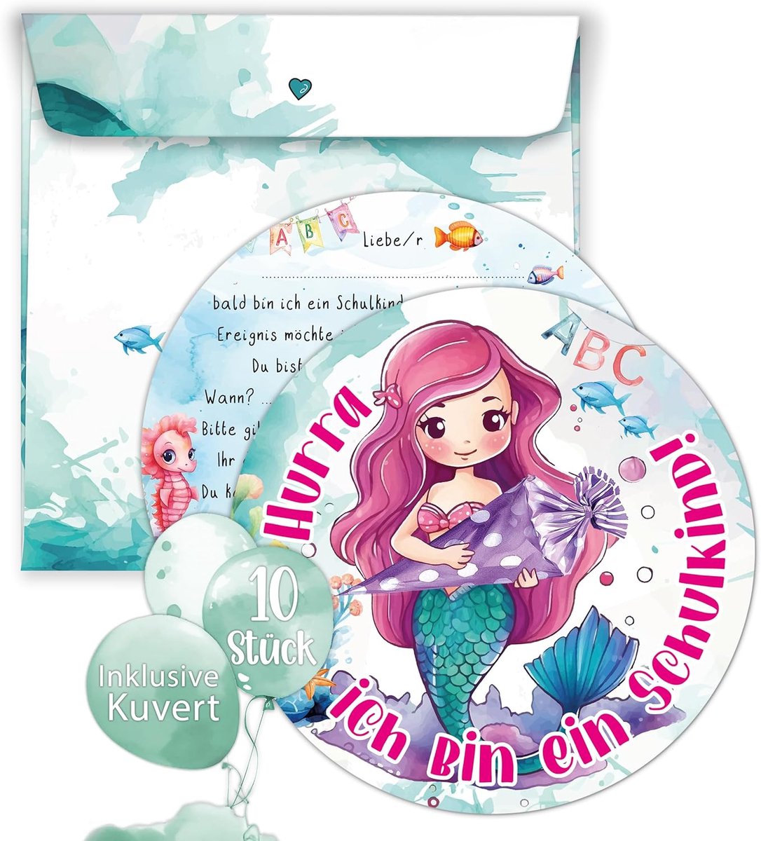 SnelShoppen - Set van 10 uitnodigingskaarten voor de eerste schooldag, inclusief kleurrijke enveloppen, schattig zeemeermin ontwerp voor meisjes, perf
