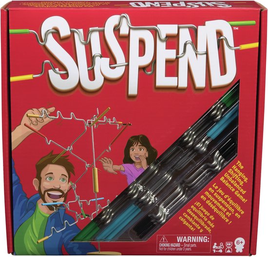 Doos van het spel Suspend. Rood met witte letters en illustraties van spelende kinderen en volwassenen.