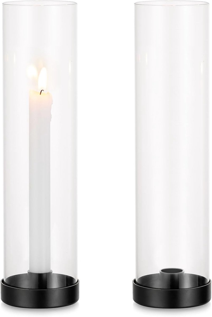 SnelShoppen - Romadedi Zwarte Kaarsenhouder - 2 Metalen Standaarden met Glazen Cilinder voor Tafel, Bruiloft, Verjaardag, Kerst, Thuis Decoratie