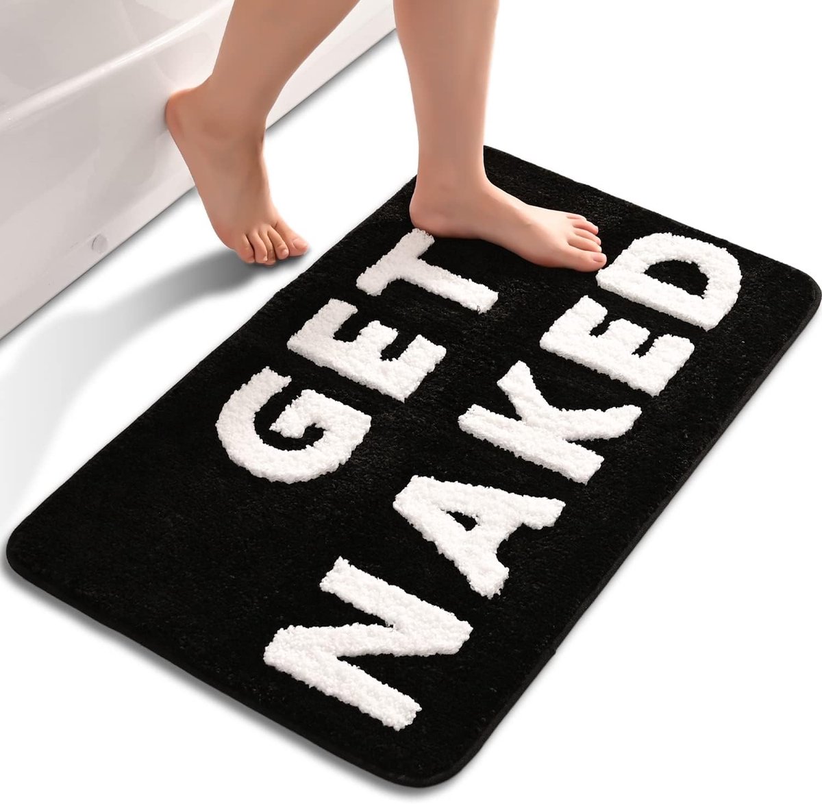 SnelShoppen - Schattige Badmat 50x80cm - Zwart-Wit Anti-Slip Microfiber Badkamer Tapijt - Wasbare en Absorberende Douchemat - Leuk 'GET NAKED' Ontwerp