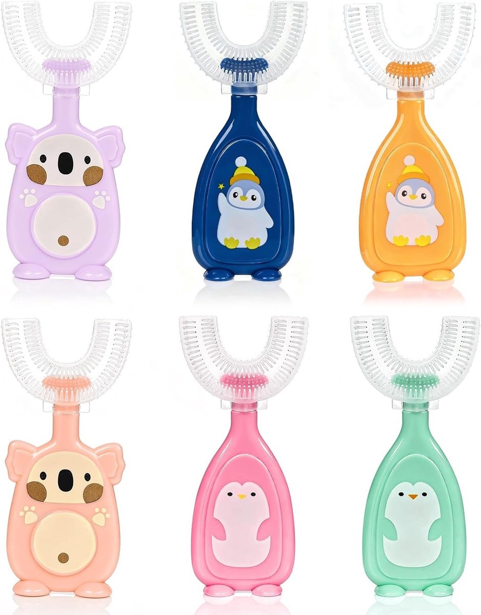 Set van 6 U-vormige Kindertandenborstels, Geschikt voor 2-6 Jaar, Zachte Silicone Borstelkop, 360° Mondverzorging, Tandvleesmassage, Compleet Reinigingspakket