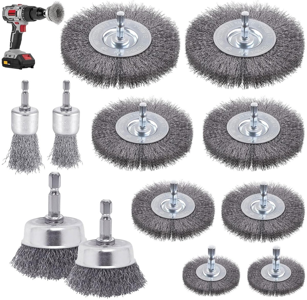 Set van 12 Draadborstels voor Boormachine, 6 mm Stalen Borstels voor Schuren, Polijsten en Roestverwijdering met Hexaansluiting