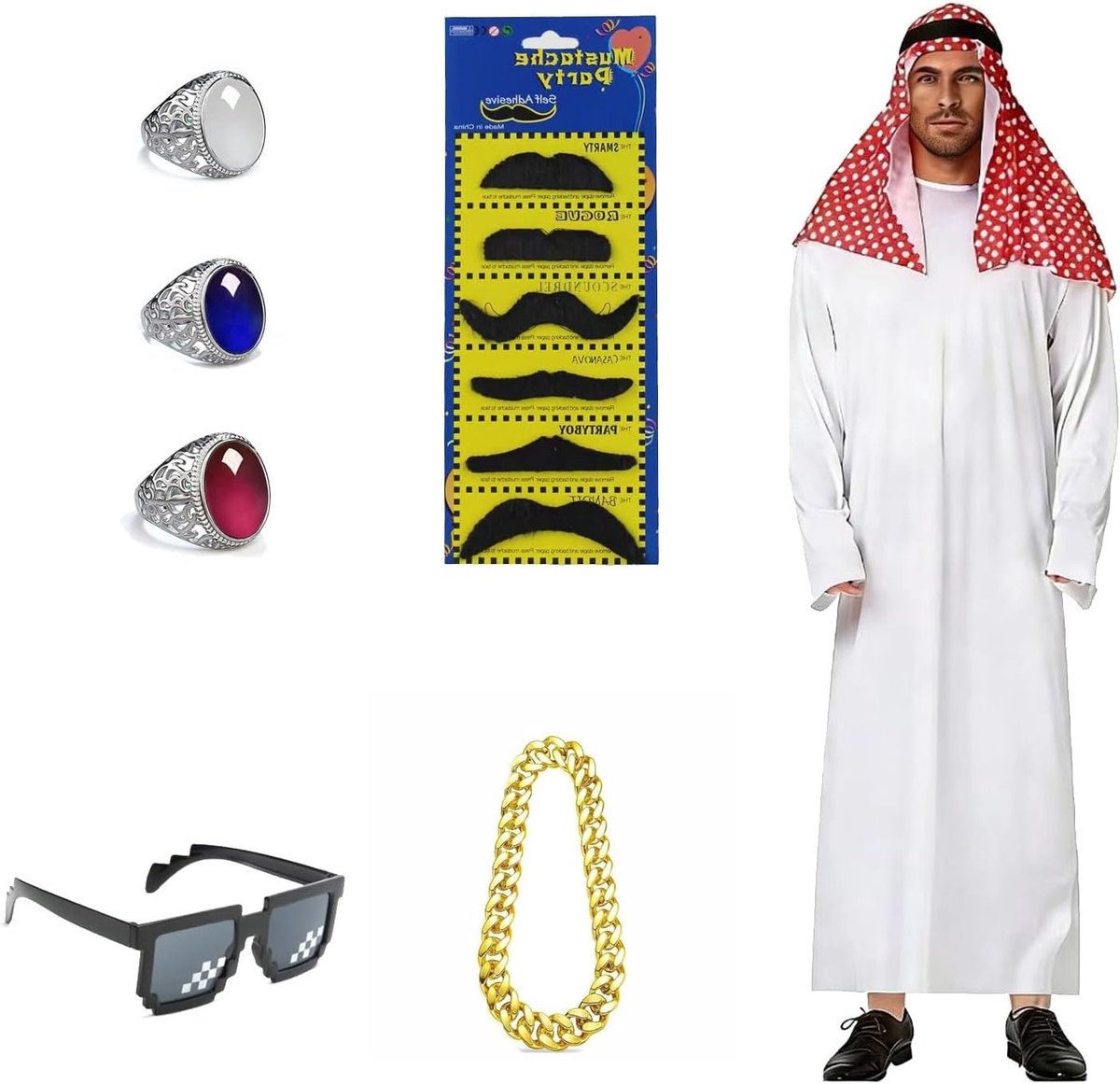Arabisch Sheikh Kostuum voor Mannen - 8-delig Carnaval Outfit met Sjaal, Baard, Ring en Zonnebril