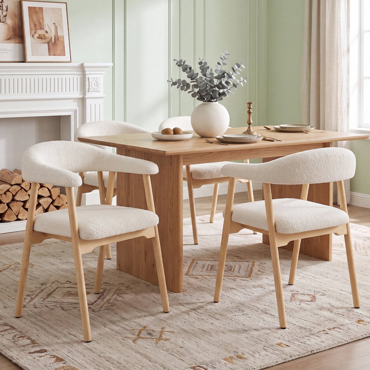 Pugsdrly 4 eetkamerstoelen van massief hout, comfortabel en ademend, geschikt voor eetkamers, woonkamers, cafés, moderne stijl, bouclé, walnoothoutkleur + beige,Zonder tafel