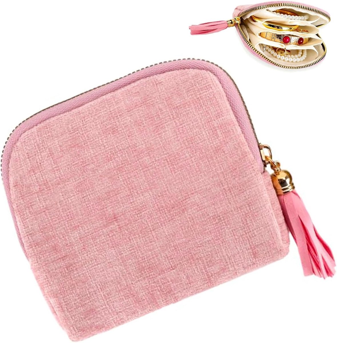 SnelShoppen - Travel Jewelry Bag met Fringes, 6 Laags, Rits Sluiting voor Ringen, Oorbellen, Armbanden, Lichtroze, Compact en Tangle-Free voor Reizen