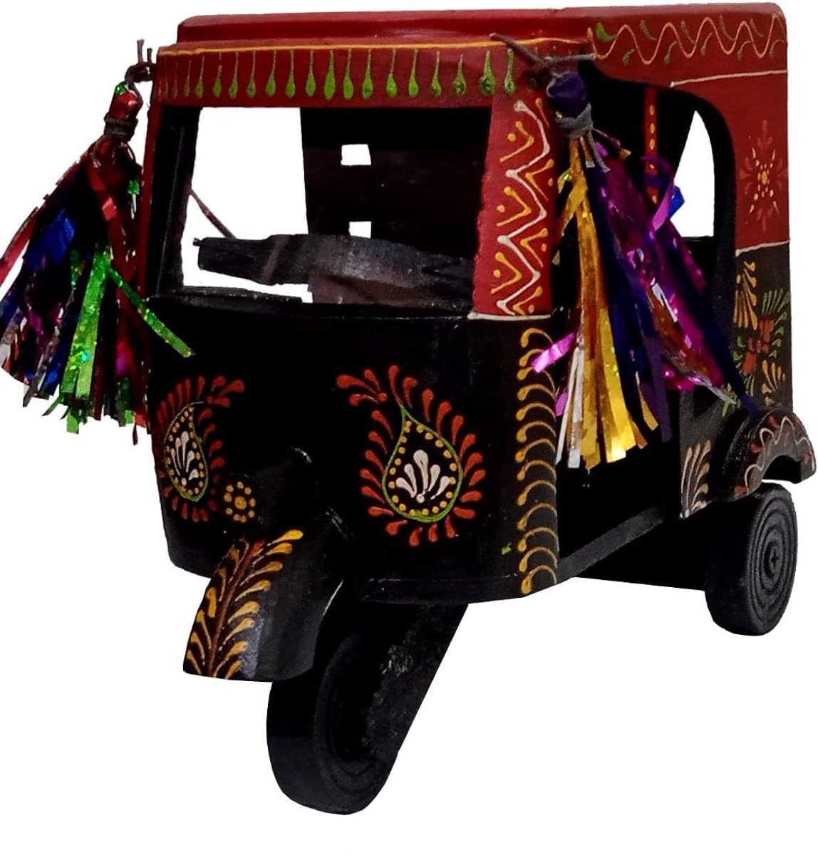 SnelShoppen - Decoratieve Handgemaakte Houten Indiase Auto Rickshaw Tuk-tuk - Uniek Accent Showpiece - Mangohout - 8x4x6 Inch - Kleurige Etnische Gift