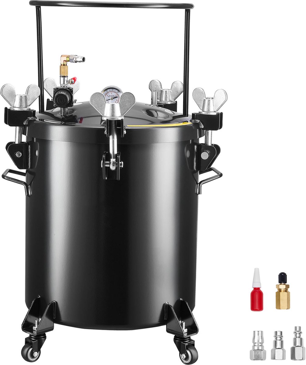 Drukvat, 40 Liter Stalen Tank met 3 Snelkoppelingen (EU/AU/VS) voor Thuisgebruik, Hobbyprojecten, Kunstwerken, Container met Brede Opening en 4 Wielen