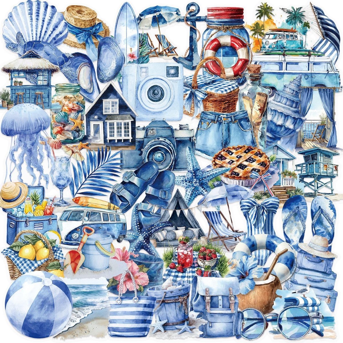 SnelShoppen - 100 Transparante Blauwe Strandstickers in Cartoonstijl - Duurzaam Waterdicht PVC - Perfect voor Laptops, Skateboards, Fietsen, Dagboeken