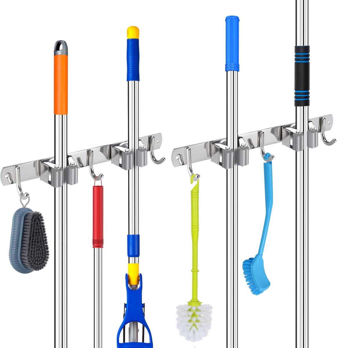 SnelShoppen - Broom Holder Wall 2 Stuks, 304 RVS Gereedschap Houder met 3 Haken en 2 Beugels voor Keuken, Badkamer, Tuin, Garage - Grijs