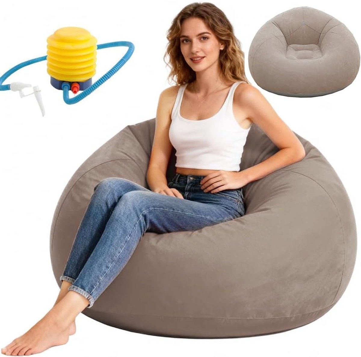SnelShoppen - Inflatable Bean Bag - 105 x 105 x 60 cm - Ergonomische Lazy Sofa zonder Vulling - Lichtbruin - Voor Salon, Lounge, Slaapkamer en Feesten
