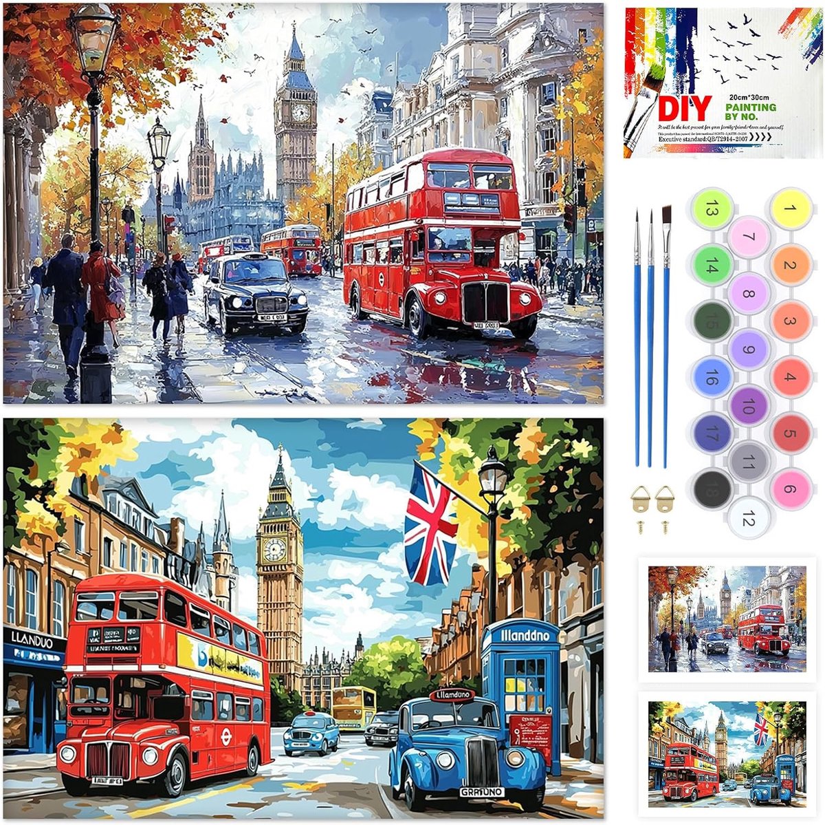 SnelShoppen - Paint by Numbers Kit voor Volwassenen - Schilderen op Canvas 20x30cm - Acrylverf voor Beginners - Londen Bus - Creatieve Activiteit voor