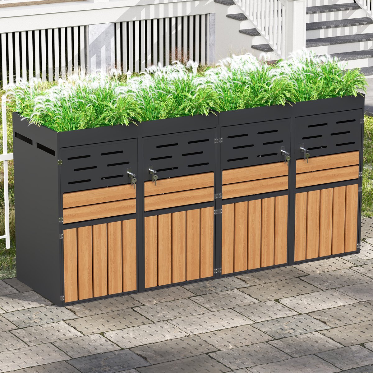 FloraGrace Buitenkast Met Geïntegreerde Plantenbak En Vier Deuren 264 X 80 X 128 Cm Metaal Grijs Voor Tuin En Terras Met Lamellenventilatie En Slot