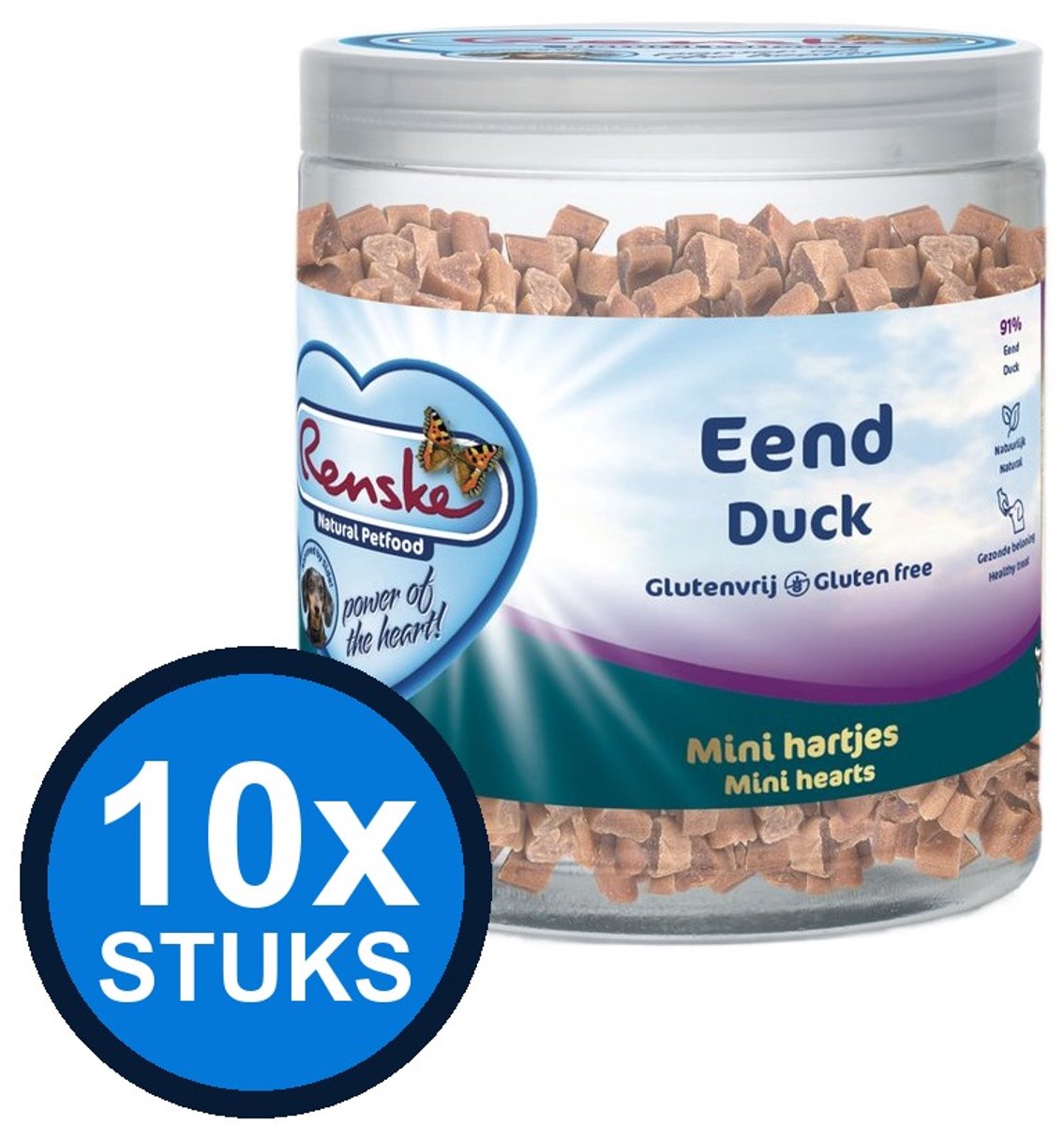 10x Renske - Gezonde beloning mini hartjes hond eend 300gr - Hondenvoer Snacks - 300 g