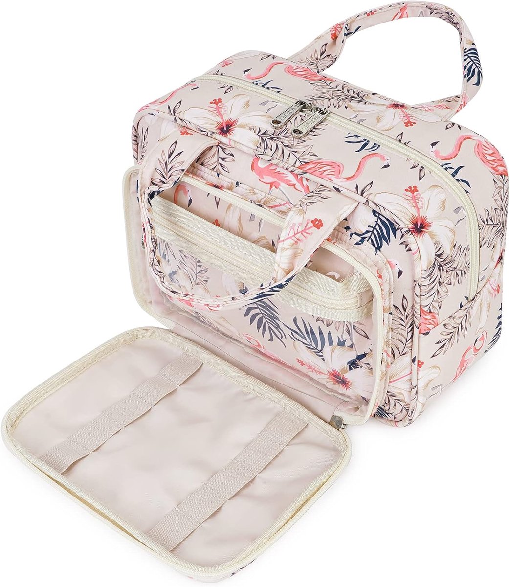 SnelShoppen - Toilettas, Make-up Tas, Cosmetic Organizer, Reis Toilettas voor Vrouwen en Meisjes, Beige Flamingo met Ruime Hoofdvak en Mesh Vakjes