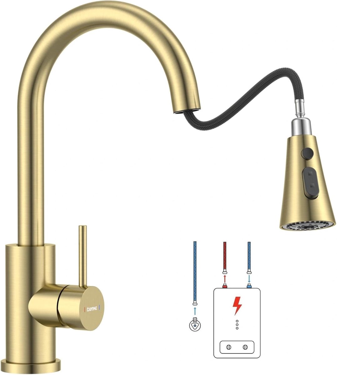 SnelShoppen - Low Pressure Keukenkraan in Geborsteld Goud, Uittrekbare Keukenmengkraan met 3 Spray Modi, 360° Draaibaar, Geschikt voor Waterverhitter