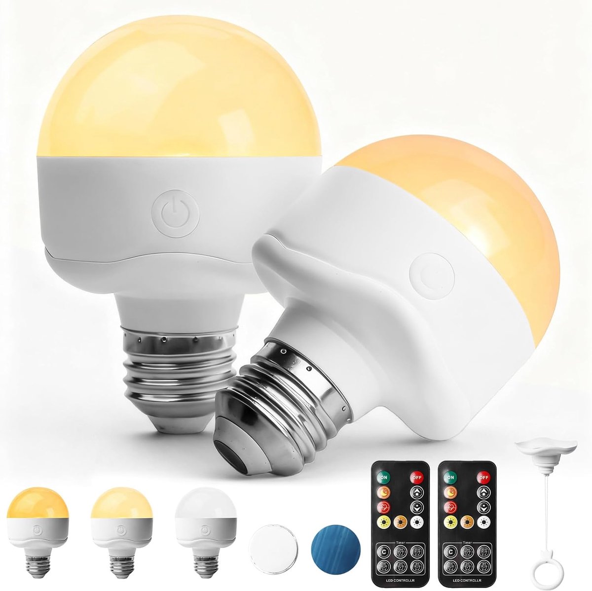 SnelShoppen - 2Pcs Oplaadbare LED Lamp met Afstandsbediening, E26 Dimbare Fitting, Magnetische Basis, Timerfunctie, Ideaal voor Feest, Camping, Tuin e